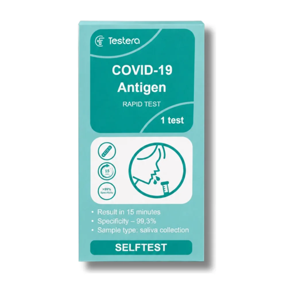 Testera COVID-19 antigeno greitasis testas iš seilių – pakuotė