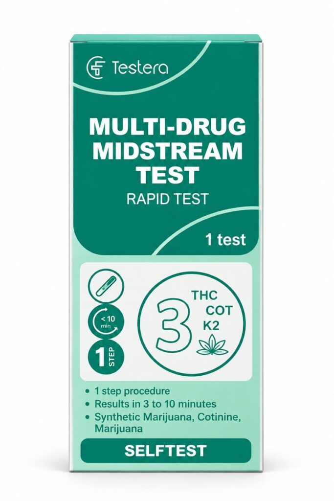 Testera 3 narkotinių medžiagų srautinis savikontrolės testas: THC, K2, kotininas – pakuotė